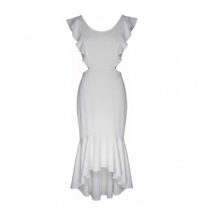 Selfie Leslie White Ruffle Open Back Mermaid Midi Dress Small S Wedding Bridal